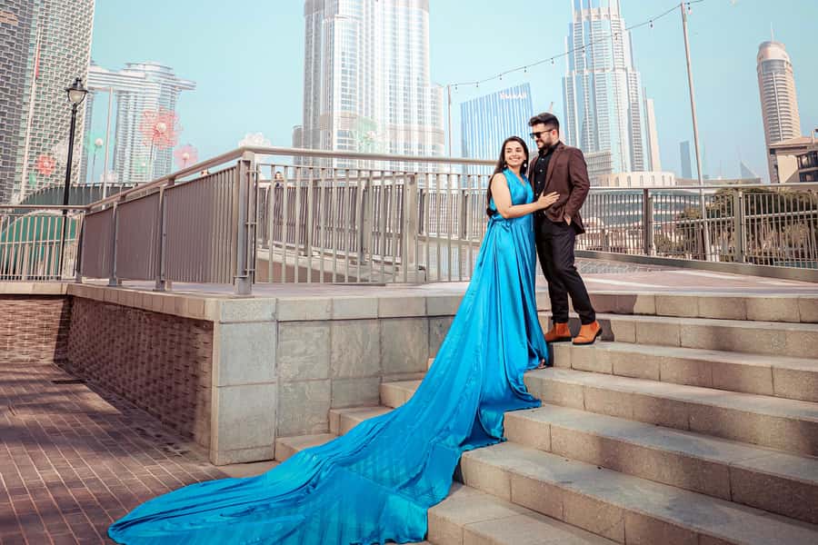 Dubai: Iconic Burj Khalifa Pre-Wedding Photoshoot - Dubai Mall Park Bridge for structure and movement