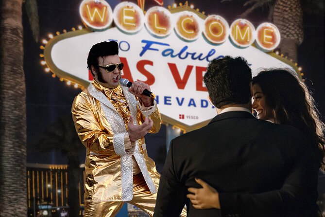 Gold Elvis Wedding or Vow Renewal at Las Vegas Sign - Photos on both sides of the Las Vegas sign