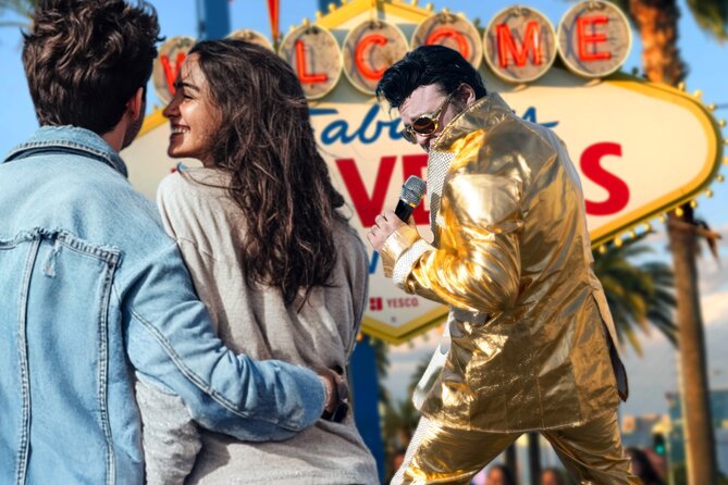 Gold Elvis Wedding or Vow Renewal at Las Vegas Sign - Heat, rain, and the best time to book