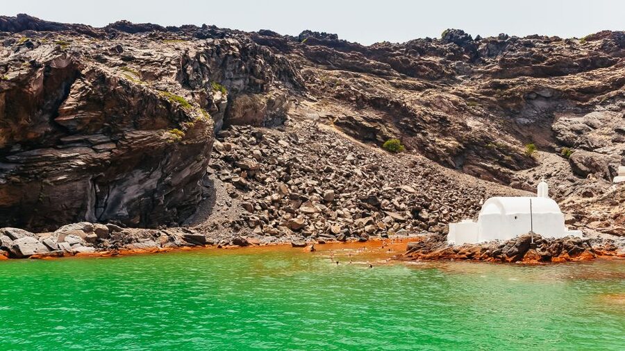 Santorini: Volcano and Hot Springs Sunset Dinner Cruise - Thirassia and the clearest swimming stop